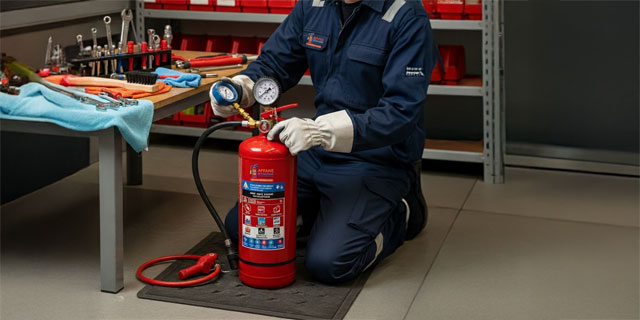 Technicien effectuant la maintenance d'un extincteur